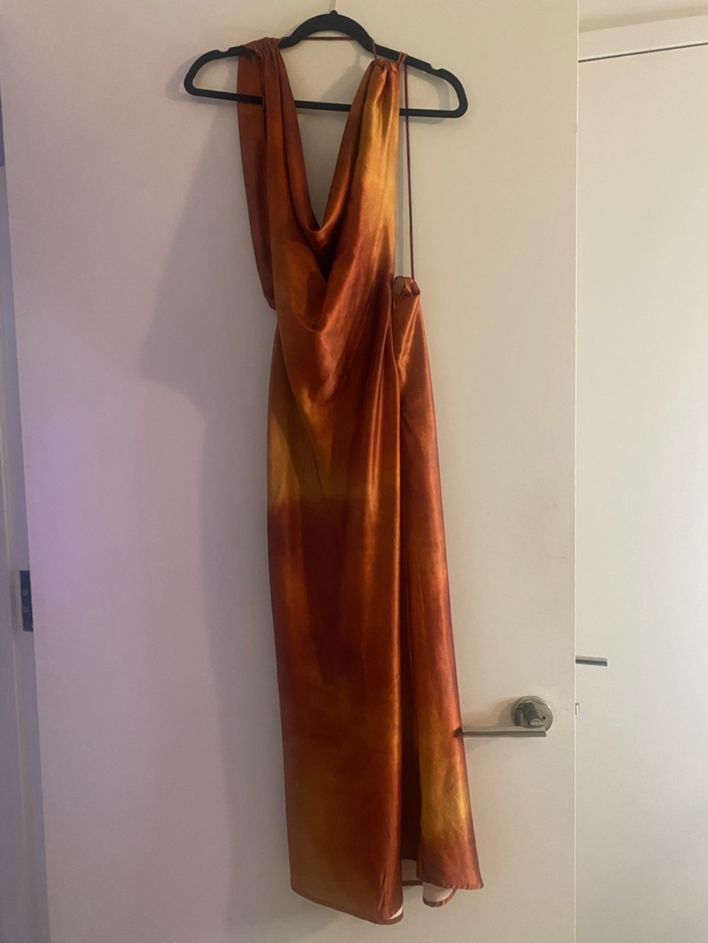 Satin Cowl-Neck Slip Dress in Burnt Orange